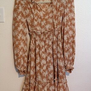 Blu Pepper Tan & Cream Floral Long Sleeve Smocked Waist Dress